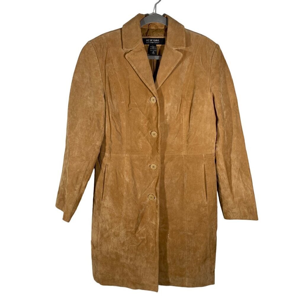 New York & Co camel tan Suede leather duster length car coat topper women’s M